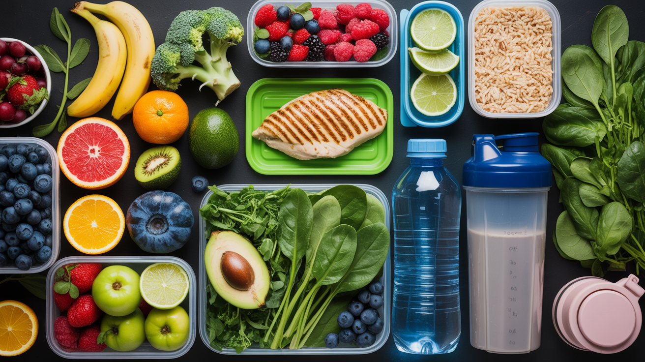 Healthy athlete meal prep with fresh fruits, vegetables, protein, and water bottles