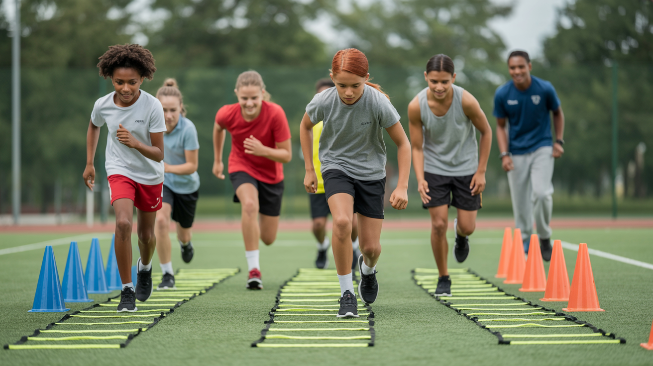 Youth athletes doing structured agility drills on an outdoor field