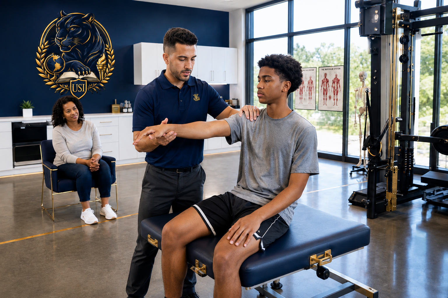 USI certified athletic trainer conducting a functional movement assessment with a student-athlete while a parent watches in a bright, modern navy, white, and gold training facility