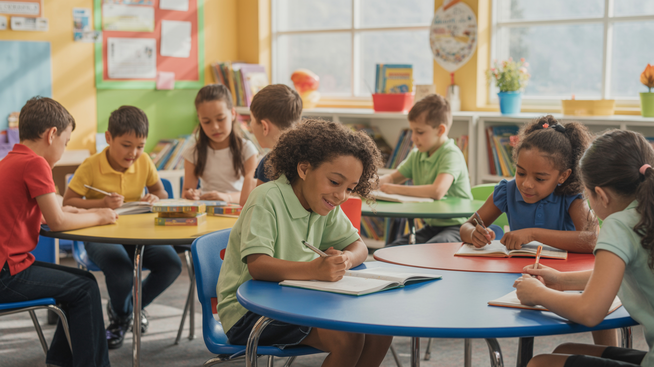 Diverse elementary students engaged in enrichment activities in a bright colorful classroom