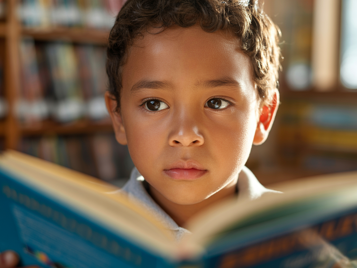 Young student reading a book with focus and confidence under warm lighting