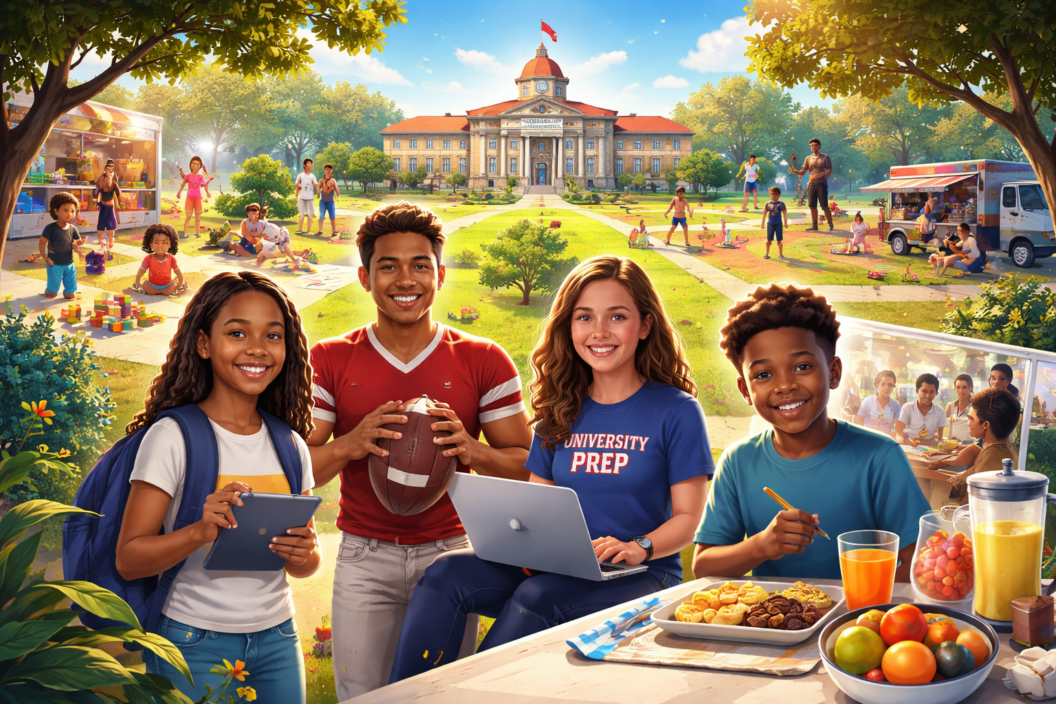 Unique Scholars Institute campus with students representing academics, athletics, mentorship and community