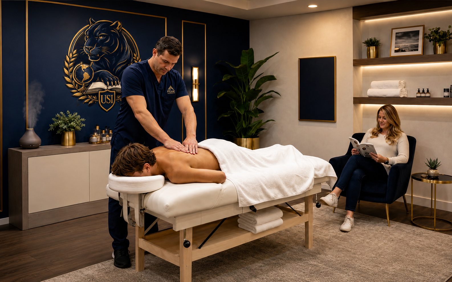 A professional therapist guiding a student-athlete through a recovery massage session in a bright, private, modern navy, white, and gold USI treatment suite with a parent present