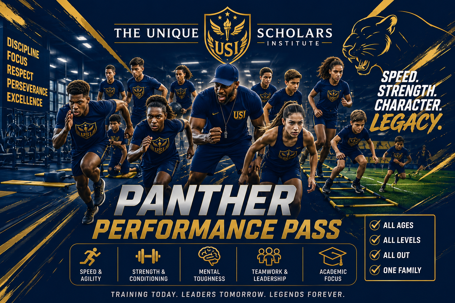 Panther Performance Pass — The Unique Scholars Institute athletic training program promotional banner featuring student athletes, coaches, and the program pillars