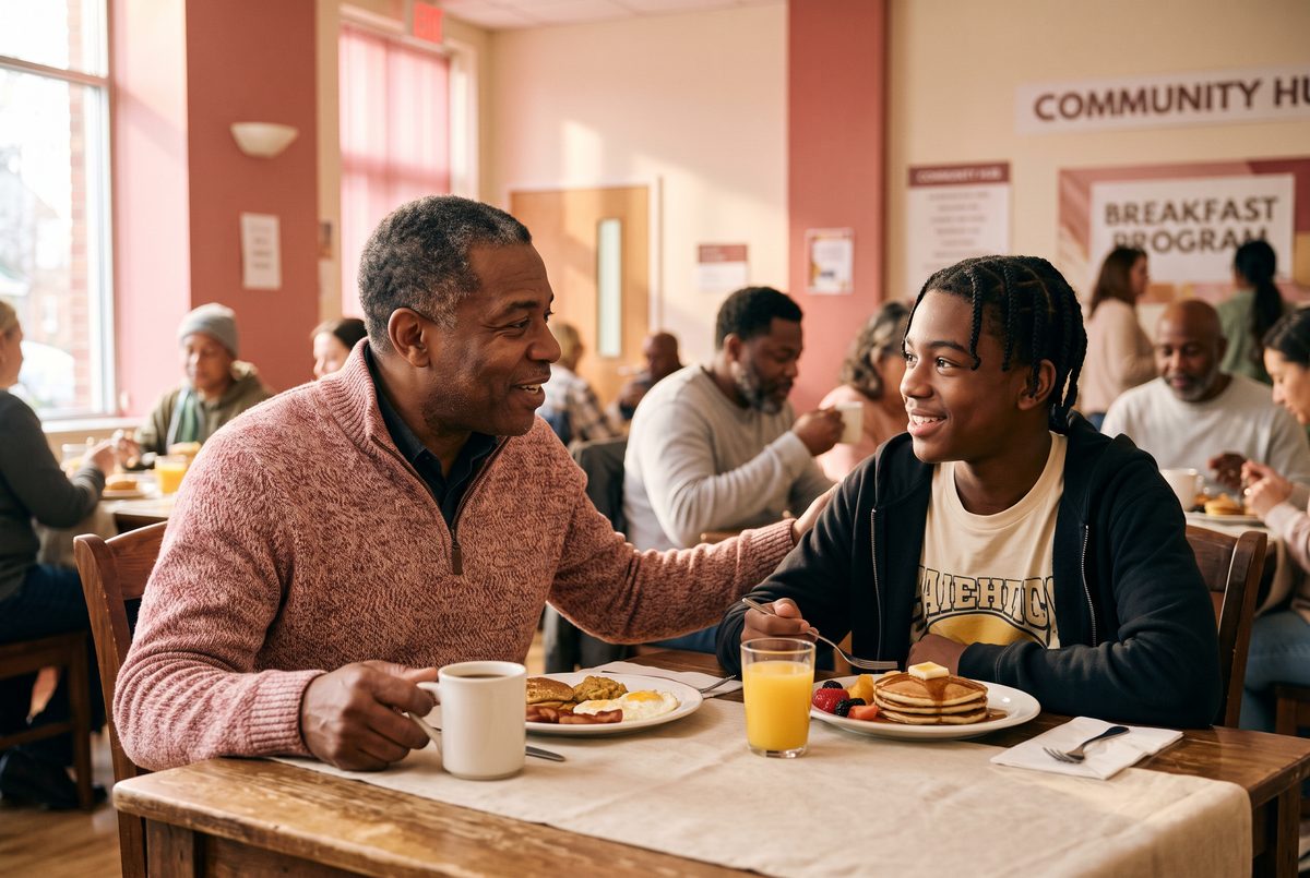 A Black American mentor talking one-on-one with a teen over breakfast at a community table — I'm a Student