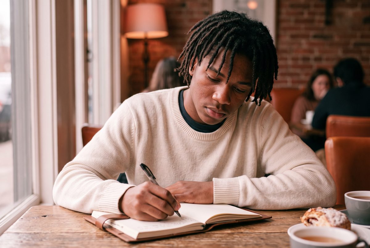 A Black American teen journaling at a cozy table in warm morning light — I'm a Parent/Guardian