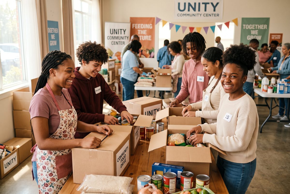 Black American youth volunteers packing food boxes together in community service — I'm a Mentor