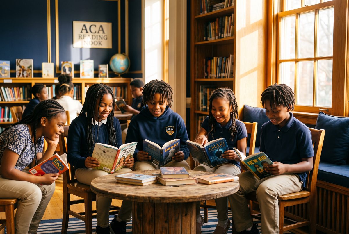 Black American scholars reading together in a warm sunlit library at C84 Kids Academy — Foundation Scholars