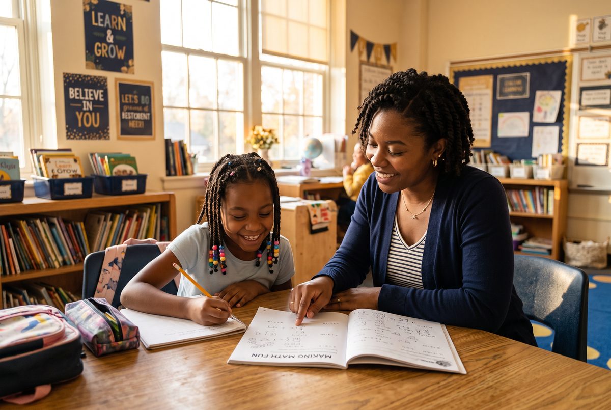 A tutor helping a young Black American scholar with homework in a bright gold-and-navy classroom — Growing Scholars