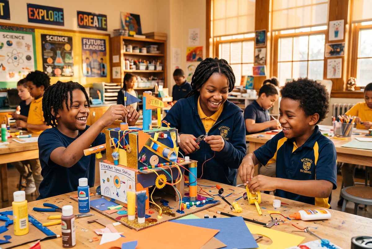 Black American kids collaborating on a hands-on enrichment project at C84 Kids Academy — Developing Scholars