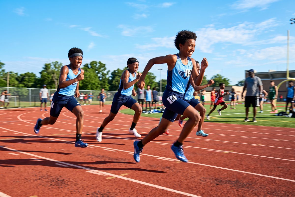 Black American youth athletes sprinting on an outdoor track under a bright blue sky — USI Monthly All-Access