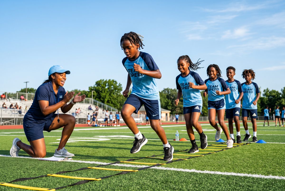 Black American kids running agility ladder drills on a green field with a coach — Ages 13 – 18