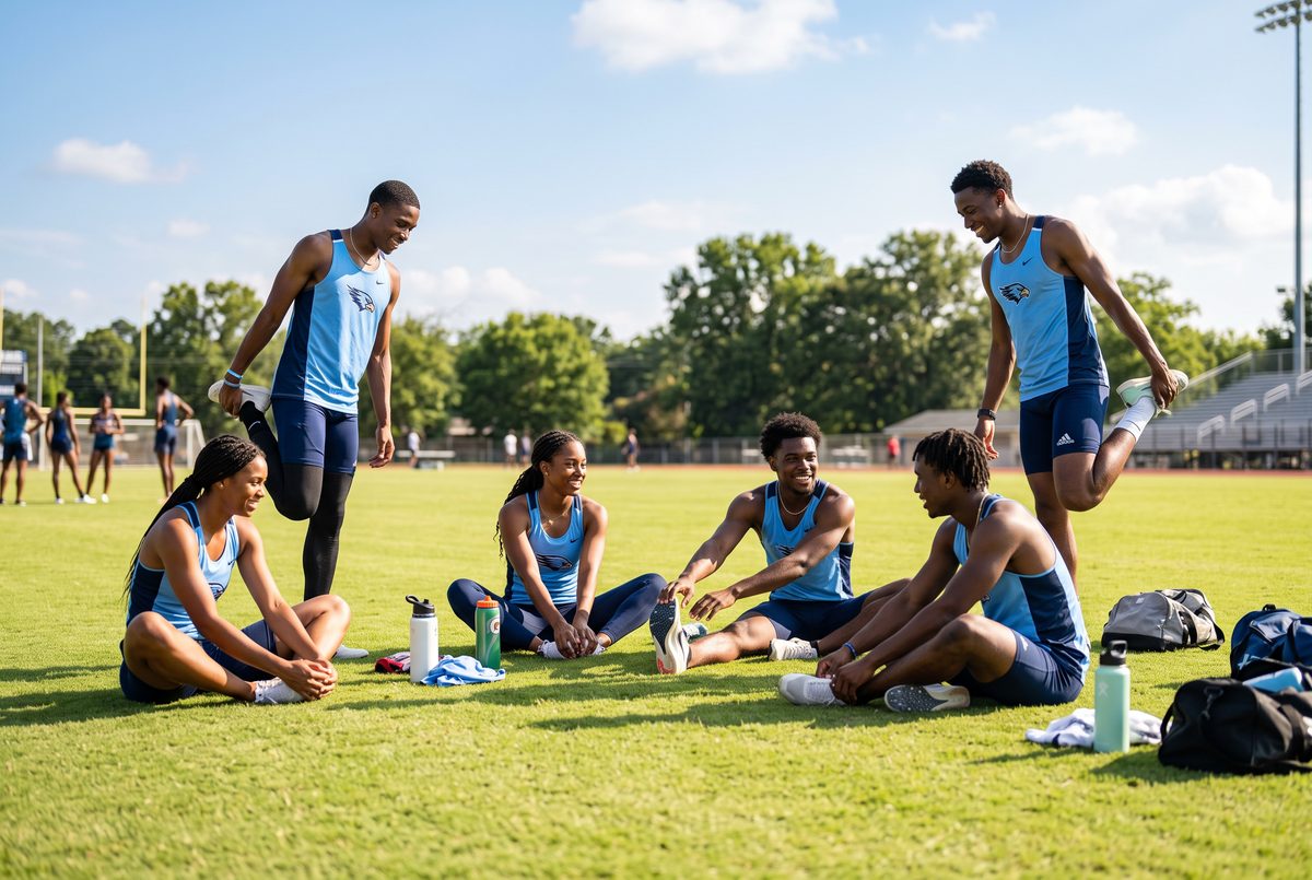 Black American young athletes stretching and cooling down together on the field — USI Single Experience