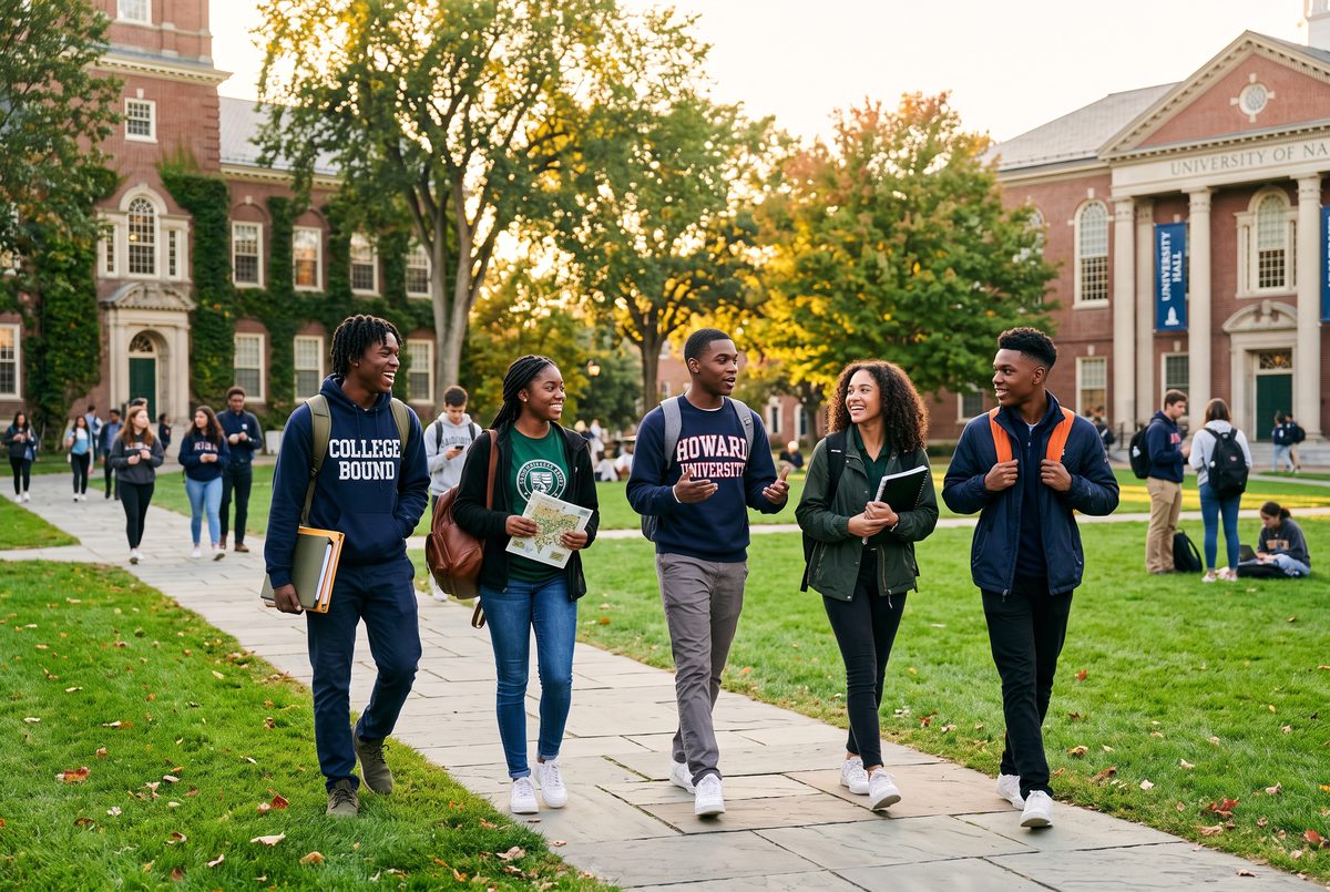 Black American high-school students walking confidently across a college campus quad — I'm a Student