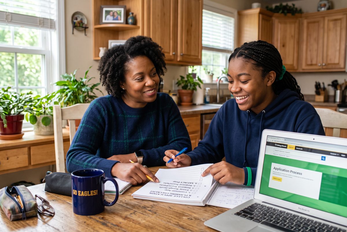 A Black American teen and parent reviewing a college planning checklist together — I'm a Parent