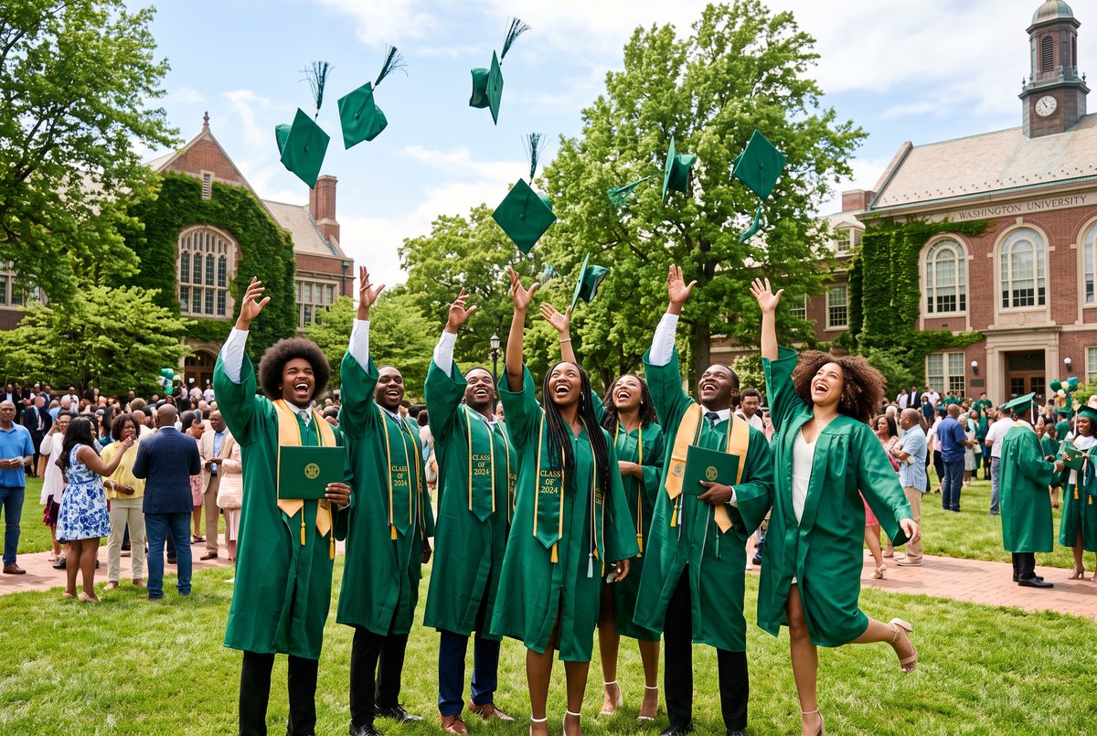 Black American graduates in emerald gowns celebrating with caps in the air — I'm an Instructor