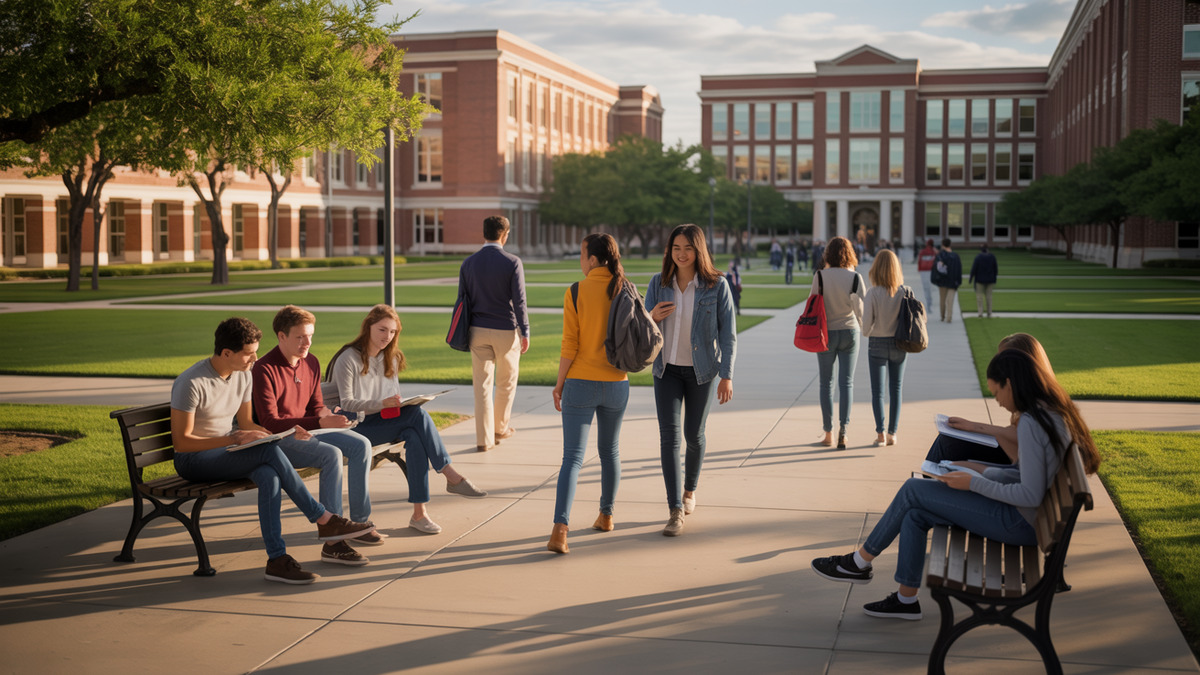 Modern Texas university campus with students
